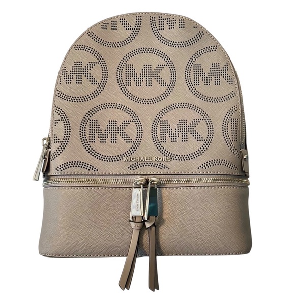 Michael Kors Rhea Backpack Pearl Grey Leather Medium MK Logo - Picture 2 of 16